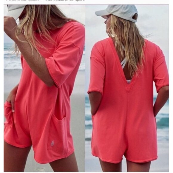 🆕  Free People Movement Hot Shot Tee Romper In Electric Sunset Neon Pink/Coral - Picture 1 of 12